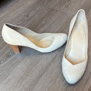 Salvatore Ferragamo Cream Criss Cross Italian Leather 3” Pump Wood Heel